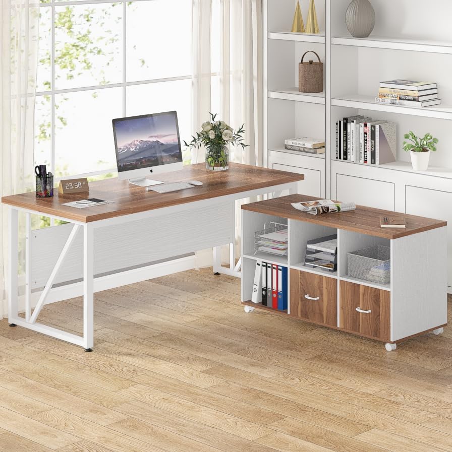 L-Shaped Computer Desk, 55" / 63" Executive Desk and Mobile File Cabinet Tribesigns